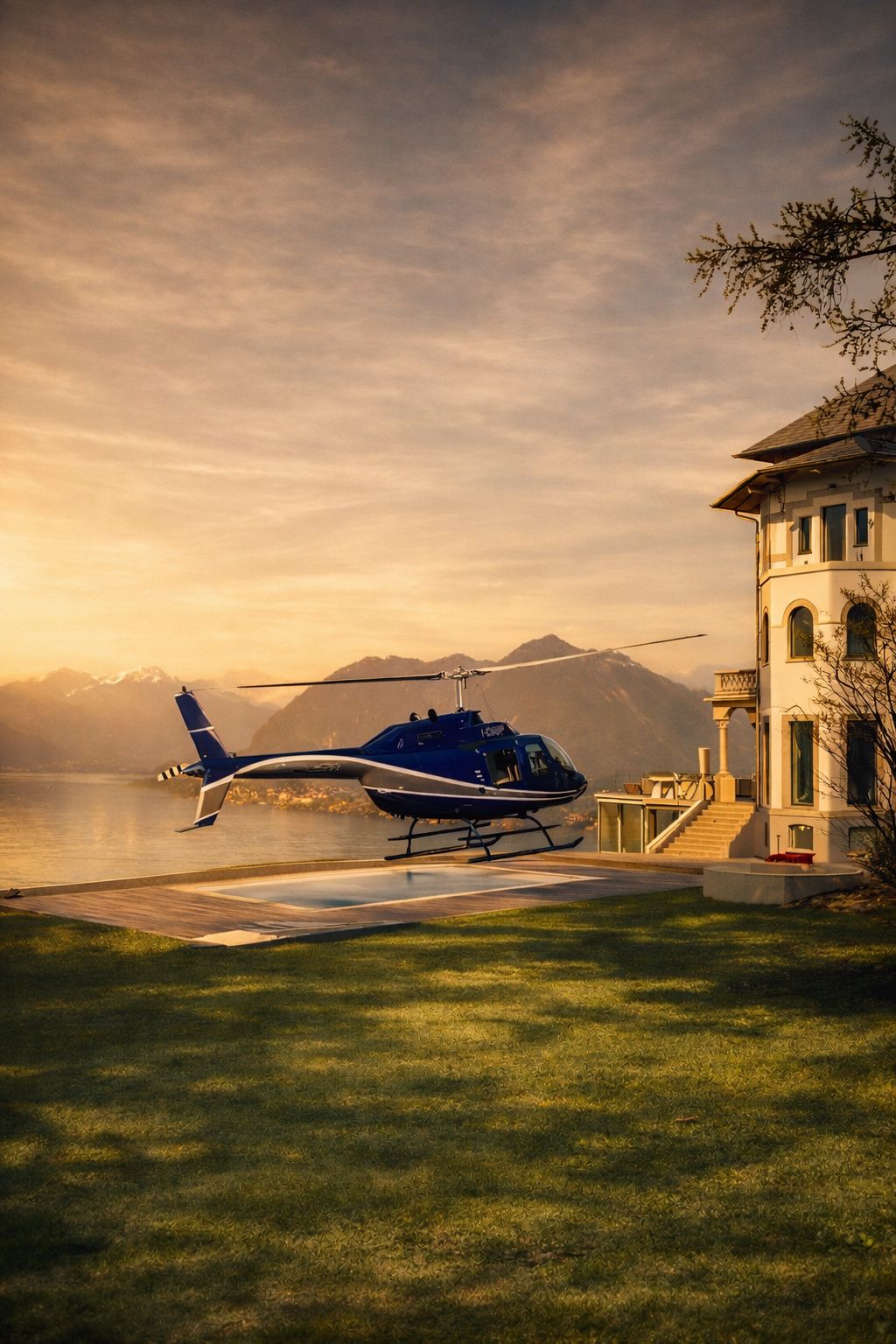 Private helicopter arrival at luxury lakeside estate
